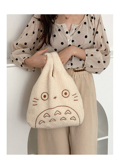 Antmvs Antmvs Cartoon Totoro Embroidery Lamb Fabric Handbag for Women Girls Japan INS Shoulder Bag Tote Bag Soft Fur Shopper Bag Dropshipping