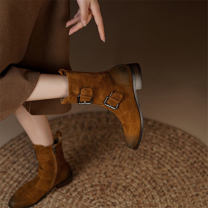 Antmvs  Autumn Winter Round Toe Women Boots Chunky Heel Shoes For Women Short Boots Belt Buckle Low Heels Sheep Suede Knight Boots