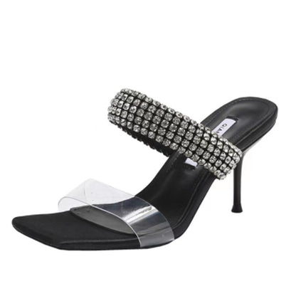 Antmvs Women Sandals Summer High Heel Rhinestones Square Toe Lady Pump Fashion Leisure   Back Open Toe Concise Female Shoe