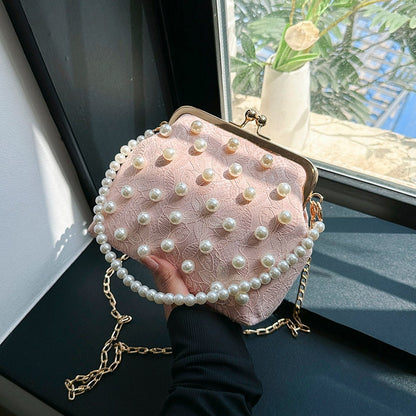 Antmvs Antmvs  square Metal clip bag Girl pearled handbag Lace embroidery women shoulder bag fashion crossbody bag for women Fresh feeling bag