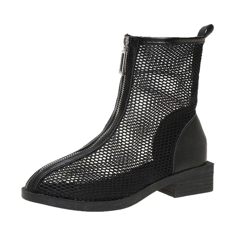 antmvs  Women  Summer Thin Section Breathable Thick Heel Boot Mesh Hollow Chelsea Short Boot Female High Top Sandal Sandalias