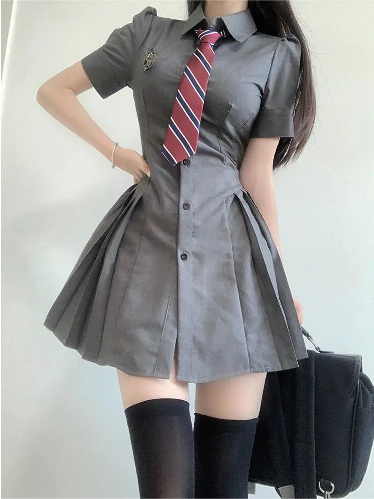 Antmvs  -  Women Dress Sweet Original JK Uniform Mini Dresses Gray Slim  Preppy Pleated Short Skirts Summer Female Trendy Clothes