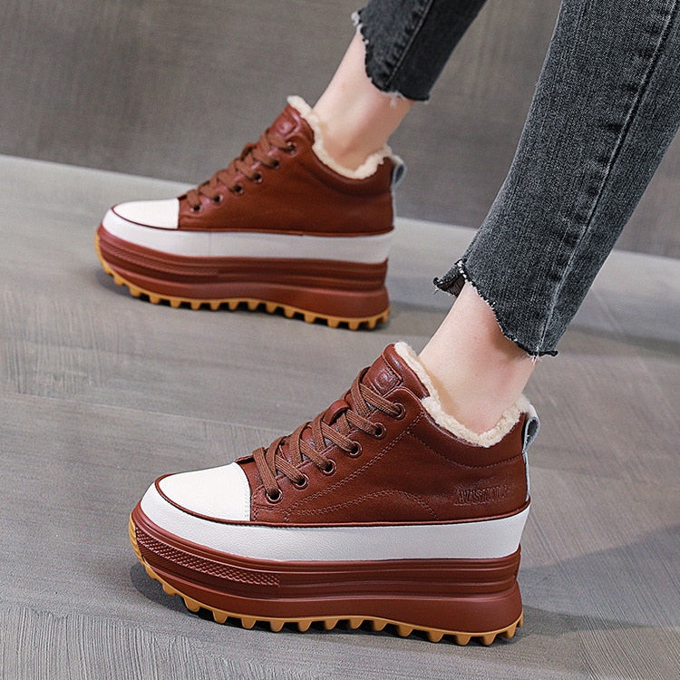 Antmvs  7Cm High Platform Shoes Wedge Sneakers Chunky Shoes Platform For Women Genuine Leather Women Casual Shoes Winter Fur Flats