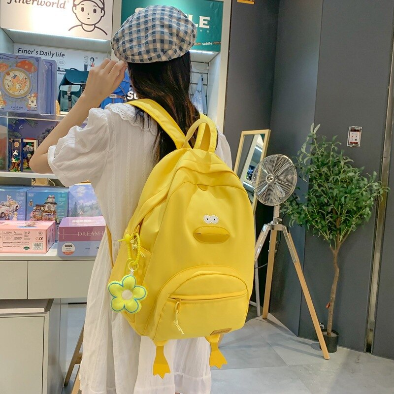 Antmvs Antmvs   Cute Women Backpack Nylon Cartoon Duck Kawaii Middle School Students Bags for Teenage Girls Solid Color Bookbags Casual