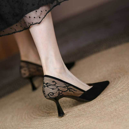 Antmvs Lace Women's Stiletto Retro Pointed Splicing Thin Heel Ladies Pumps New   Fashion Shallow Mouth Female Single Shoes