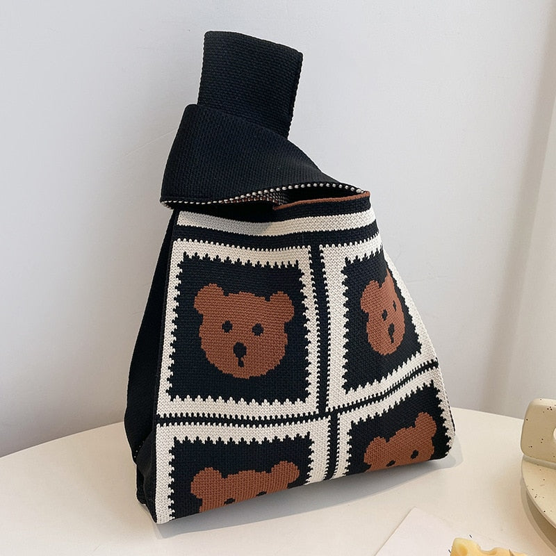 Antmvs Antmvs Striped Knit Woven Tote Handbag Japanese Bag Mini Color Women Knit Student Shopping Handmade Tote Bag Wrist Bag Shopping Bag