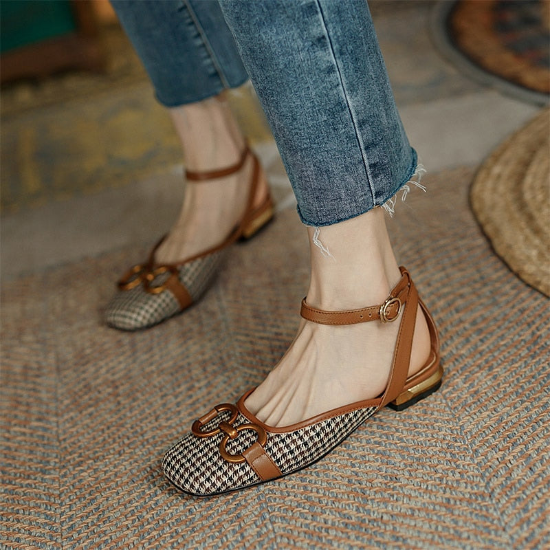 Antmvs New French Retro Ladies Flats Korean Style One Line Buckle Female Sandals Fashionable Plaid Thick Heel Women's Shoes