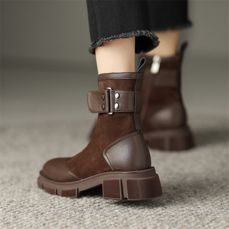 Antmvs  Autumn Round Toe Women Boots Chunky Heel Shoes For Women Short Boots Belt Buckle Ankle Boots Platform Shoes Knight Boots