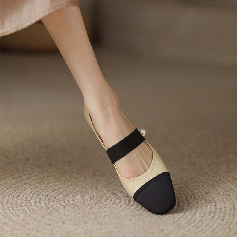 Antmvs Spring New Ladies Single Shoes Shallow Mouth Color Matching Women's Pumps Classic Pearl Fashionable One-line Belt Female Shoes