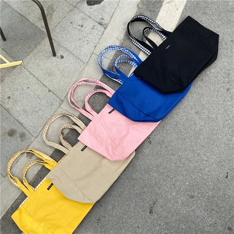 Antmvs Antmvs - 1 pc double-sided Plaid Shopping Bag Reusable 6 Colors large Canvas Shoulder Bag Lady Student Book Handbags Grocery Tote Bag