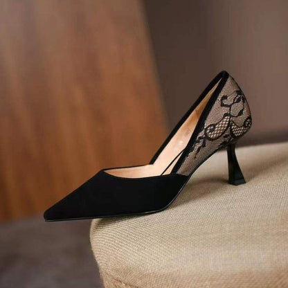 Antmvs Lace Women's Stiletto Retro Pointed Splicing Thin Heel Ladies Pumps New   Fashion Shallow Mouth Female Single Shoes