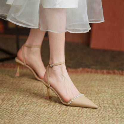 Antmvs New Summer Women Sandals Temperament Pearl Pointed Toe Stiletto Females Heels Solid Fashion High Quality Office Ladies Shoes