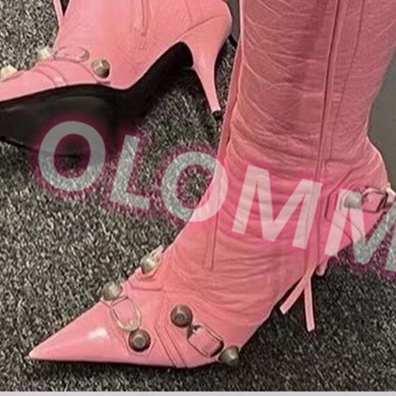 Antmvs New Women Slim High Heel Metal Buckle Chain Luxury Shoes Fashion Comfortable Pointed Toe Ankle Boots Stiletto Party Short Boots