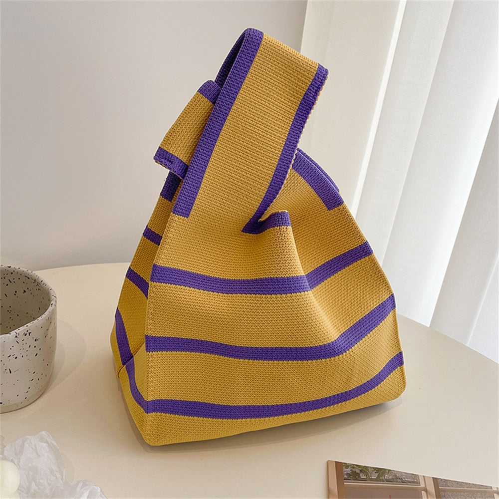 Antmvs Antmvs Striped Knit Woven Tote Handbag Japanese Bag Mini Color Women Knit Student Shopping Handmade Tote Bag Wrist Bag Shopping Bag