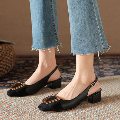 Antmvs Stitching Female Shoes Classic Thick Heel Bow Metal Decoration Lady Pumps Simple Square Head Leather Women's Single Shoes