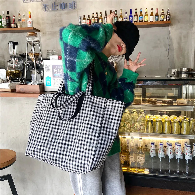 Antmvs Antmvs - 1 pc double-sided Plaid Shopping Bag Reusable 6 Colors large Canvas Shoulder Bag Lady Student Book Handbags Grocery Tote Bag