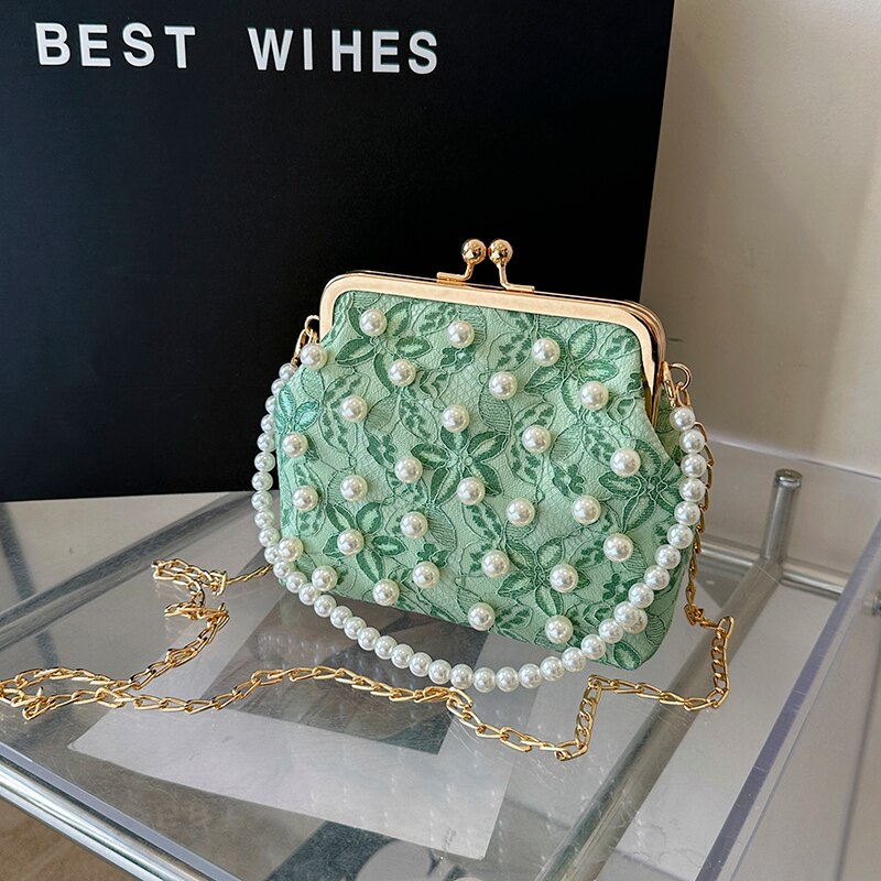 Antmvs Antmvs  square Metal clip bag Girl pearled handbag Lace embroidery women shoulder bag fashion crossbody bag for women Fresh feeling bag