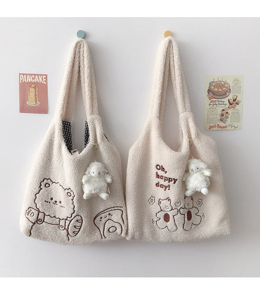 Antmvs Antmvs Lamb Like Women Canvas Shoulder Bag Warm Plush Cloth Fabric Cute Bear Handbag Soft Tote Large Capacity Shopping Bags For Ladies