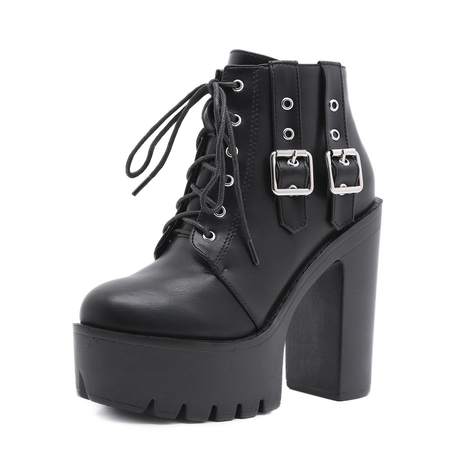 antmvs  Winter Short Boots Women's Fashion Side Belt Buckle Front Lace-Up Platform High Heel Biker Boots Botki Damskie Jesienne