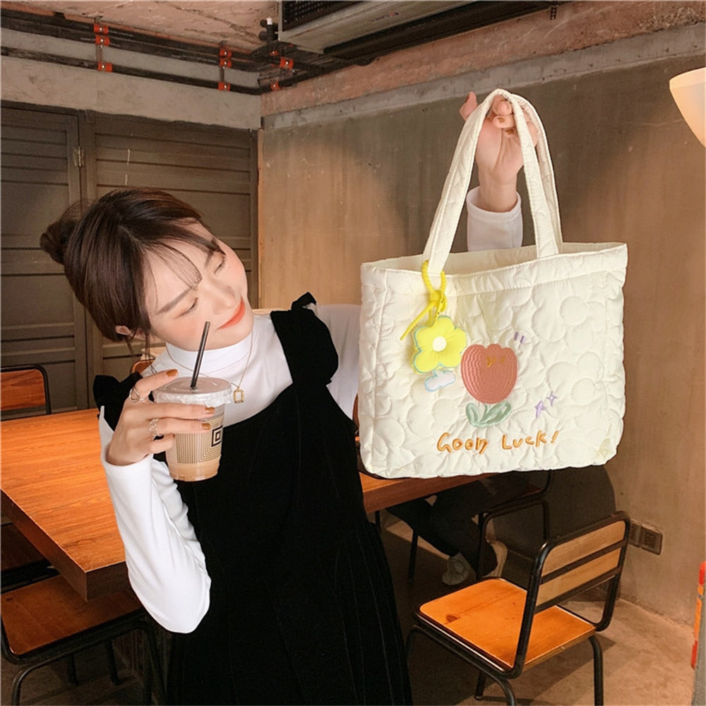 Antmvs Antmvs Flower Design Tulip Embroidery Handheld Tote Bag Students In Class Canvas Bag Simple Shopping Bag Handbag