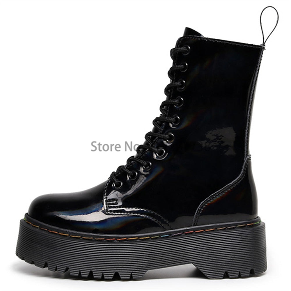 Antmvs  Winter Women Boots Leather Reflective Female Lace Up Platforms Boot Increase Height Punk Boots Black Casual High-Top Shoes