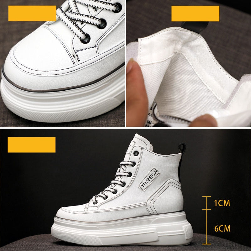 antmvs  7Cm Platform Wedge Sneakers Hidden Heel High Top Genuine Leather Women Casual Shoes Sneakers Za Fashion Casual Boots White