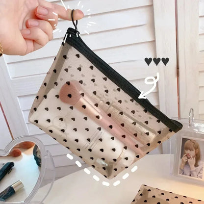 Antmvs Antmvs - Mesh Cosmetic Makeup Bags Case Holder Cute Transparent Zipper Black Heart Printed Pencil Pen Case Pouch Convenient To Carry