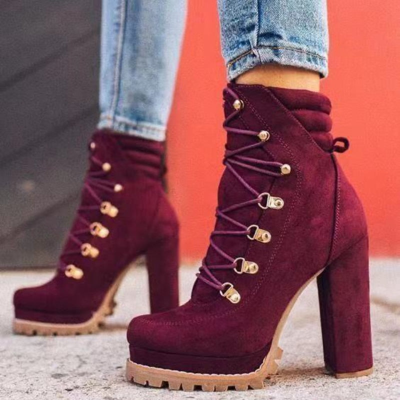 Thanksgiving  Antmvs  New Women's  Boots Fashion Lace-Up Rivets Chunky High Heels Solid Casual Platform Comfort Ankle Boots Bota De Inverno