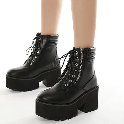 antmvs  Short Boots Women's Thick Bottom Round Head Chain Motorcycle Boots Waterproof Platform Nightclub Zipper Strip Motorcycle Boots