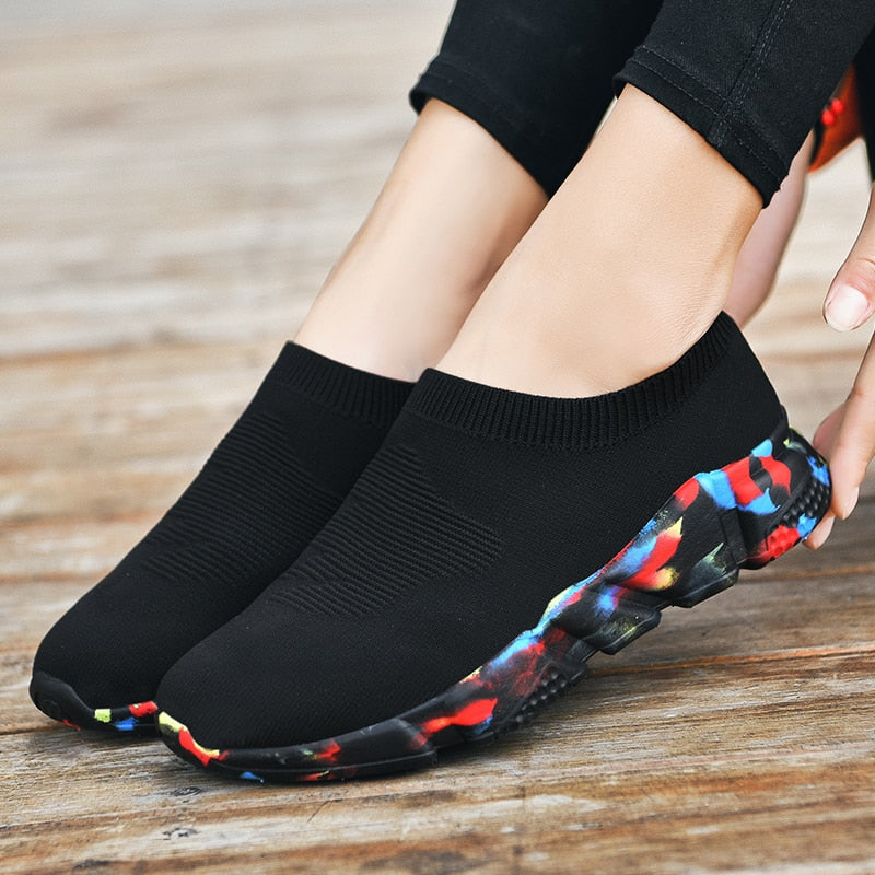 Antmvs  Mesh Women Sneakers Breathable Women Flat Shoes Lightweight Casual Shoes Ladies Lace-Up Black Couple Color Socks Shoes