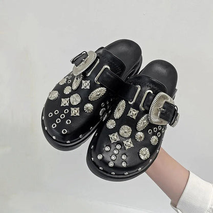 Antmvs Summer Women Slippers Platform Rivets Punk Rock Leather Mules Creative Metal Fittings Casual Party Shoes Female Outdoor