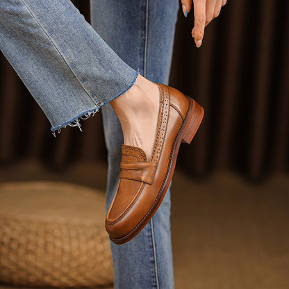 Antmvs New  Genuine Leather Women Shoes Retro Round Toe Carved Brogues Thick Heel Slip-On Loafers Shoes For Women Zapatos De Mujer