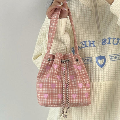 Antmvs Antmvs Pink Heart Embroidered Ladies Bucket Purse Handbags Fashion Love Women Messenger Bag Drawstring Female Girls Small Shoulder Bags