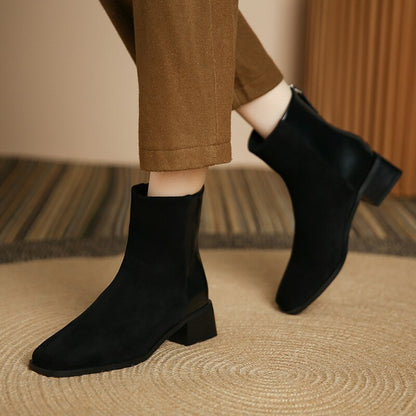 Antmvs Autumn Women Short Boots Winter Suede Stitching Square Toe Lady Shoe Rear Zipper Thick Heel Fashion Solid Elastic Female Boot