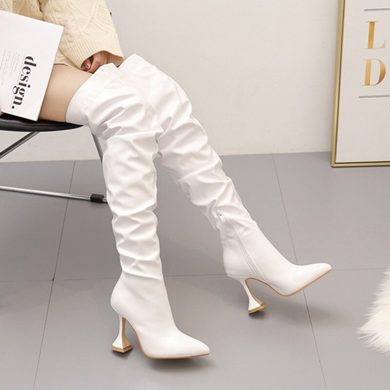 antmvs  Women's High Heel Boots Pointed Toe Fashion Solid Color Riding Boots Plus Size Zipper Ladies High Boots Botas De Mujer