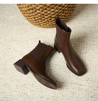 Antmvs Winter Women's Short Boots Straight Square Toe Thick Med Heel Office Lady Boot Fashion Solid Slip-On Females Barrel Shoes