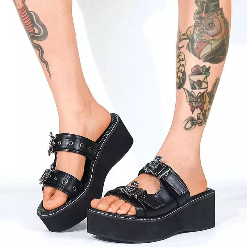 antmvs  Woman Summer Slippers Shoes Women Gothic Punk Round Toe Platform Sandals Slide Lady High Heels Wedges Female Sandals Black Shoe