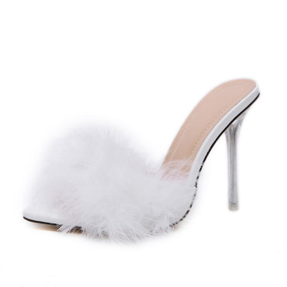 antmvs    Transparent High Heels Sandals   Feather Woman Slippers Fur Stiletto Pointed Mules Evening Party Women Shoes Rose 41