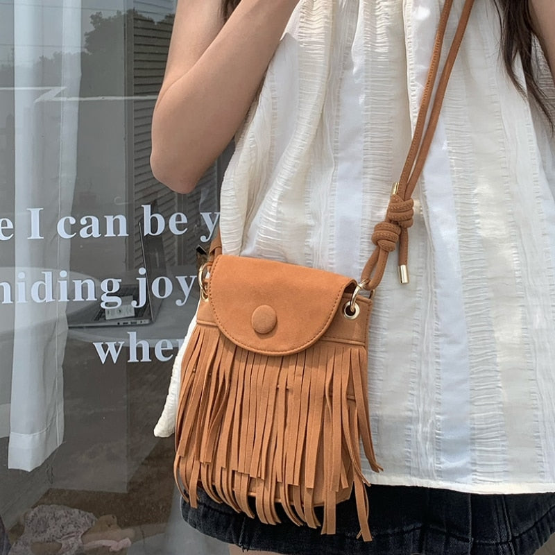 Antmvs Antmvs  Vintage Tassel Women's Small Shoulder Bags Retro Matte Leather Female Crossbody Bag Faux Suede Female Phone Pouch Purse Handbags