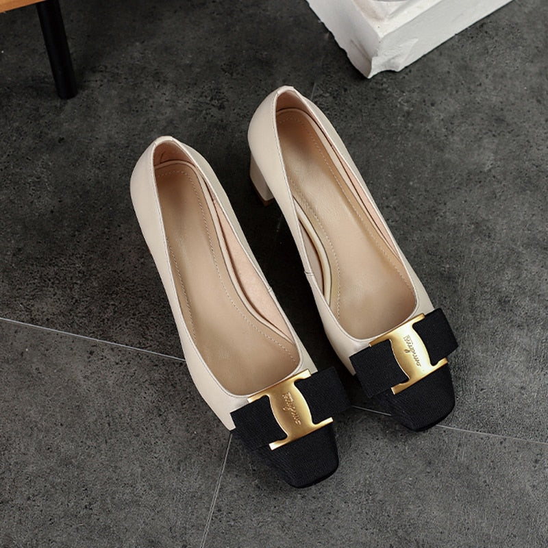 Antmvs Stitching Female Shoes Classic Thick Heel Bow Metal Decoration Lady Pumps Simple Square Head Leather Women's Single Shoes