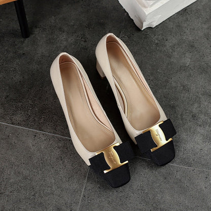 Antmvs Stitching Female Shoes Classic Thick Heel Bow Metal Decoration Lady Pumps Simple Square Head Leather Women's Single Shoes