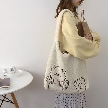 Antmvs Antmvs Lamb Like Women Canvas Shoulder Bag Warm Plush Cloth Fabric Cute Bear Handbag Soft Tote Large Capacity Shopping Bags For Ladies