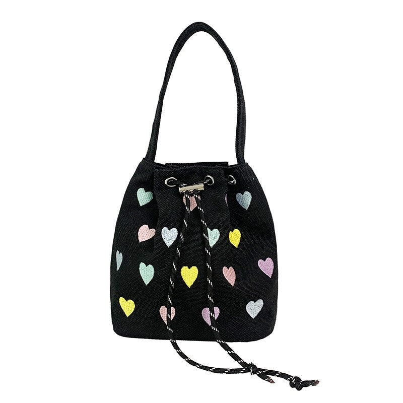 Antmvs Antmvs Pink Heart Embroidered Ladies Bucket Purse Handbags Fashion Love Women Messenger Bag Drawstring Female Girls Small Shoulder Bags