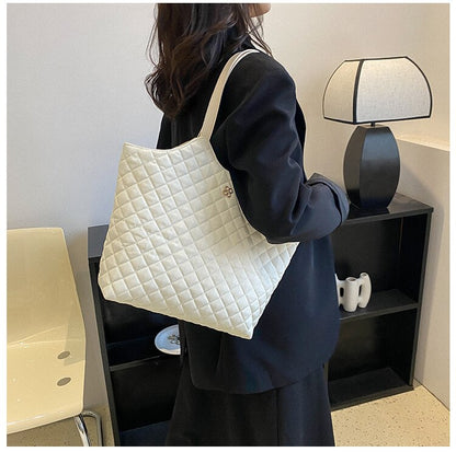 Antmvs Antmvs Fashion PU Leather Tote Bag Rhombic Jacquard Letter Label Simple Style Elegant Wild Street Female Women Large Handbag