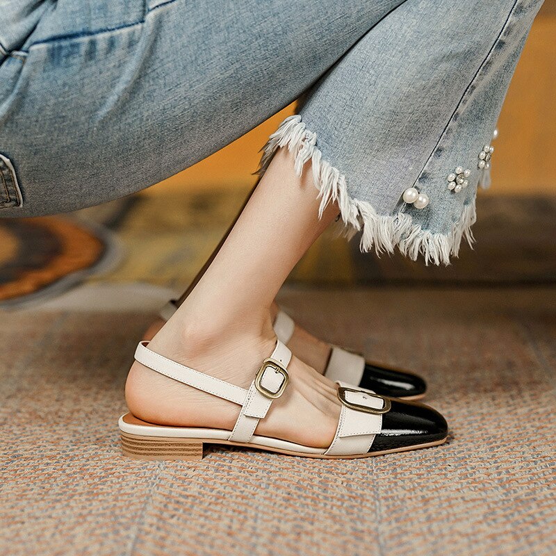 Antmvs Retro Ladies Flats Elegant Metal Buckle Fashionable Female Sandals Square Toe Office Color-stitching Women's Single Shoes