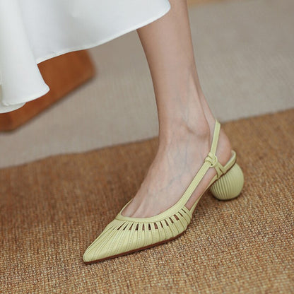 Antmvs Women Sandals Summer Solid Round Med Heel Pointed Toe Ankle Straps Hollow Lady Sandals Fashion Concise Gentle Female Shoes