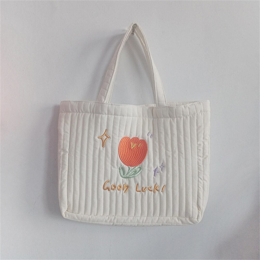 Antmvs Antmvs Flower Design Tulip Embroidery Handheld Tote Bag Students In Class Canvas Bag Simple Shopping Bag Handbag