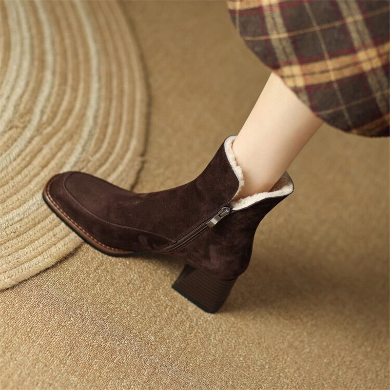 Antmvs  New Winter Boots For Women Cow Suede Short Boots Round Toe Thick Heel Women's Warm Shoes High-Heeled Shoes Large Size