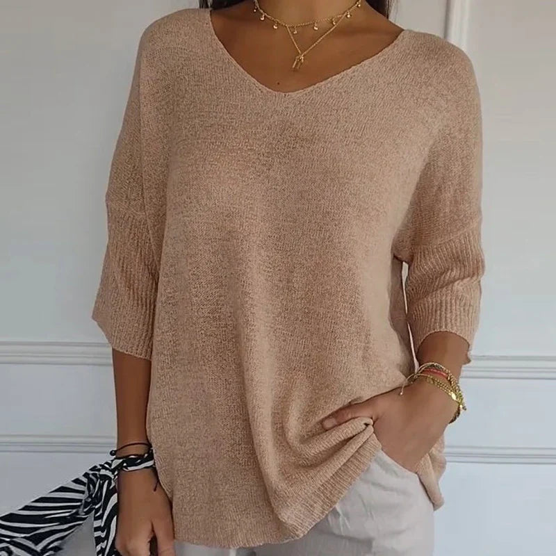 Antmvs -  Women Casual Bat Sleeve Loose Temperament Blouse Blusa Elegant 3/4 Sleeve All Match Shirt 2024 New Style Office Knitted Tops