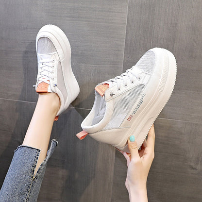 antmvs  8.5Cm Platform Wedge Sneakers Height Increased Shoes Genuine Leather For Women Spring Autumn Air Mesh Summer Shoes White